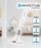 A promotional image of a cordless vacuum mop, showcasing its different functions through diagrams on the right side of the image. The background is a blurred interior scene. Produktbild-Vorschau