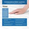 A hand resting on a mattress with marketing text and logos. Produktbild-Vorschau