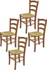 Four wooden chairs with woven seats are arranged on a white background. Produktbild-Vorschau