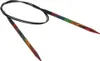 A pair of circular knitting needles with a black cable and multicolor wooden tips, laid out on a white background. Produktbild-Vorschau
