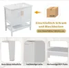 A white bathroom vanity with a sink and a shelf below, shown with informational text and close-up detail shots. Voir les images du produit