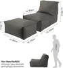 A diagram showing the dimensions of a bean bag chair and ottoman, with a silhouette of a person for scale. Produktbild-Vorschau