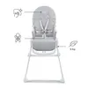 A light gray high chair with white legs, shown from the front. Icons and text are present on the left and right sides of the image, highlighting features. Produktbild-Vorschau