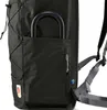 A close-up view of a black backpack with a U-lock in a side pocket and a Swedish flag detail. Produktbild-Vorschau
