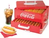 A Coca-Cola branded hot dog steamer with hot dogs and buns inside, a glass of cola, and a prepared hot dog on a plate. Anteprima dell’immagine prodotto