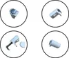 Four circular images showing different parts of a white blind mechanism. Produktbild-Vorschau