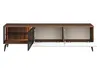 A long, low TV stand with open compartments and one glass-doored cabinet. Voir les images du produit