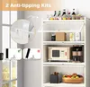 A white kitchen storage shelf with various items on its shelves, including bottles, jars, a toy microwave, a coffee maker, a toaster, and a bowl of fruit. The image also includes diagrams illustrating anti-tipping kits. Náhled obrázku produktu
