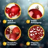 Collage of four circular images showcasing red Christmas ornaments with descriptive text and checkmarks. Náhled obrázku produktu