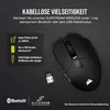 A black wireless gaming mouse with its USB dongle and marketing text highlighting its features. Produktbild-Vorschau