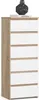 A tall, narrow chest of drawers with six white drawers and a wood-grain frame, standing on a white background. A black decorative object and a book are on top. Produktbild-Vorschau