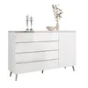 A white dresser with four drawers and a cabinet on the right, displayed on a white background. Decorative items are placed on top of the dresser. Produktbild-Vorschau