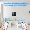 A smart thermostat is mounted on a wall in a modern living room, with two smartphones in the foreground showing the thermostat's interface, implying remote control. Produktbild-Vorschau
