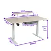 A diagram of a standing desk with dimensions indicated by purple arrows and text labels. Produktbild-Vorschau