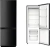 A black refrigerator with its door open, showing the interior compartments. The refrigerator is shown next to its closed view. Produktbild-Vorschau