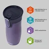 A purple Contigo thermobecher with informational graphics on the right side. Produktbild-Vorschau