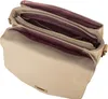 An open beige handbag with a pink interior, showing multiple compartments and a gold clasp. Voir les images du produit