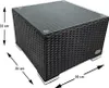 A black wicker side table with a glass top, shown with dimensions indicated by arrows and text. Produktbild-Vorschau