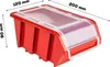 A red storage box with a clear lid, shown with dimensions indicated. Produktbild-Vorschau