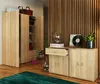 A room with wooden slatted walls and a wooden floor, featuring a light wood wardrobe and a matching dresser with an open drawer. Decorative items like a globe, a vinyl record, and a plant are displayed on the dresser. Náhľad obrázku produktu