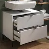 A white bathroom vanity with two drawers, a white sink on top, and green tiled wall in the background. Voir les images du produit