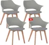 A set of four gray dining chairs with black and white checkered seat cushions and wooden legs, arranged in a grid formation against a white background. One chair has a small red and white tag attached to its side. Produktbild-Vorschau