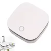 A white, square-shaped air purifier with a circular button on top, placed on a white surface. Produktbild-Vorschau