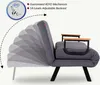 A gray sofa bed with adjustable backrest shown in multiple positions, with wooden armrests. Náhled obrázku produktu