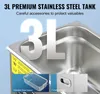 A close-up of a stainless steel tank from an ultrasonic cleaner, with text overlays highlighting features and included accessories. Voir les images du produit