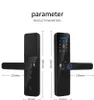 Two smart door locks are shown side-by-side with measurement indicators. Produktbild-Vorschau