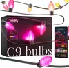 A product shot of Twinkly C9 LED string lights, with a box and a smartphone displaying the app interface. Náhled obrázku produktu