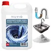 A collage of a large container of caustic soda, a sink with a drain, a pile of white powder, and a diagram of a clogged pipe. Náhľad obrázku produktu