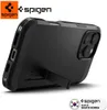 A black Spigen phone case with a kickstand is shown from a side angle against a white background. Produktbild-Vorschau