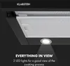 Close-up of a black under-cabinet range hood, highlighting its LED lights and brand name. Podgląd zdjęcia produktu