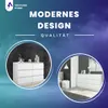 Marketing image for a white dresser with 6 drawers, showcasing its modern design and quality. The image features two circular insets displaying the dresser in different room settings. Anteprima dell’immagine prodotto