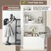 A child is playing with a teddy bear next to a bookshelf, with marketing text overlays highlighting product features. Produktbild-Vorschau