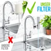 A split image showing two different water faucet filters. The left side shows a faucet with a filter that is crossed out, indicating it is not recommended. The right side shows a faucet with a different filter, with a checkmark and text indicating it is th Produktbild-Vorschau