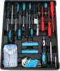 A black tool case filled with various tools, including screwdrivers, wrenches, and bits. Produktbild-Vorschau