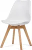 A white chair with wooden legs on a white background. Produktbild-Vorschau