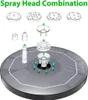 An exploded diagram showing the assembly of a solar-powered fountain with various spray head attachments. Produktbild-Vorschau