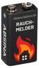 A black 9V battery with a graphic of a house on fire and text indicating it is for a smoke detector. Produktbild-Vorschau