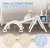 A baby is playing on a white wooden climbing triangle and arch, with smaller images of the individual components below. Produktbild-Vorschau