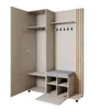 A modern wardrobe set with open doors, showing shelves, hanging space, coat hooks, and a shoe storage bench. Produktbild-Vorschau