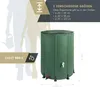 A diagram showing a green rain barrel with dimensions and capacity information, alongside silhouetted figures of people. Produktbild-Vorschau