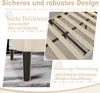 A close-up of a bed frame and its legs, with marketing text highlighting its design and support. Produktbild-Vorschau