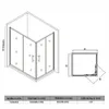 A technical drawing of a shower cabin with dimensions and a table of measurements. Náhľad obrázku produktu