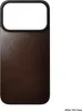 A close-up of a brown leather phone case with a black border and a white cutout for the camera. Produktbild-Vorschau