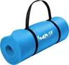 A rolled-up blue yoga mat with black straps and a handle, against a white background. Produktbild-Vorschau