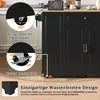 A close-up view of a black kitchen island with a wooden countertop, highlighting its wheels and a feature related to hiding the wheels. Voir les images du produit