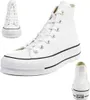 A studio shot of white Converse Chuck Taylor All Star high-top platform sneakers, shown from multiple angles. Voir les images du produit